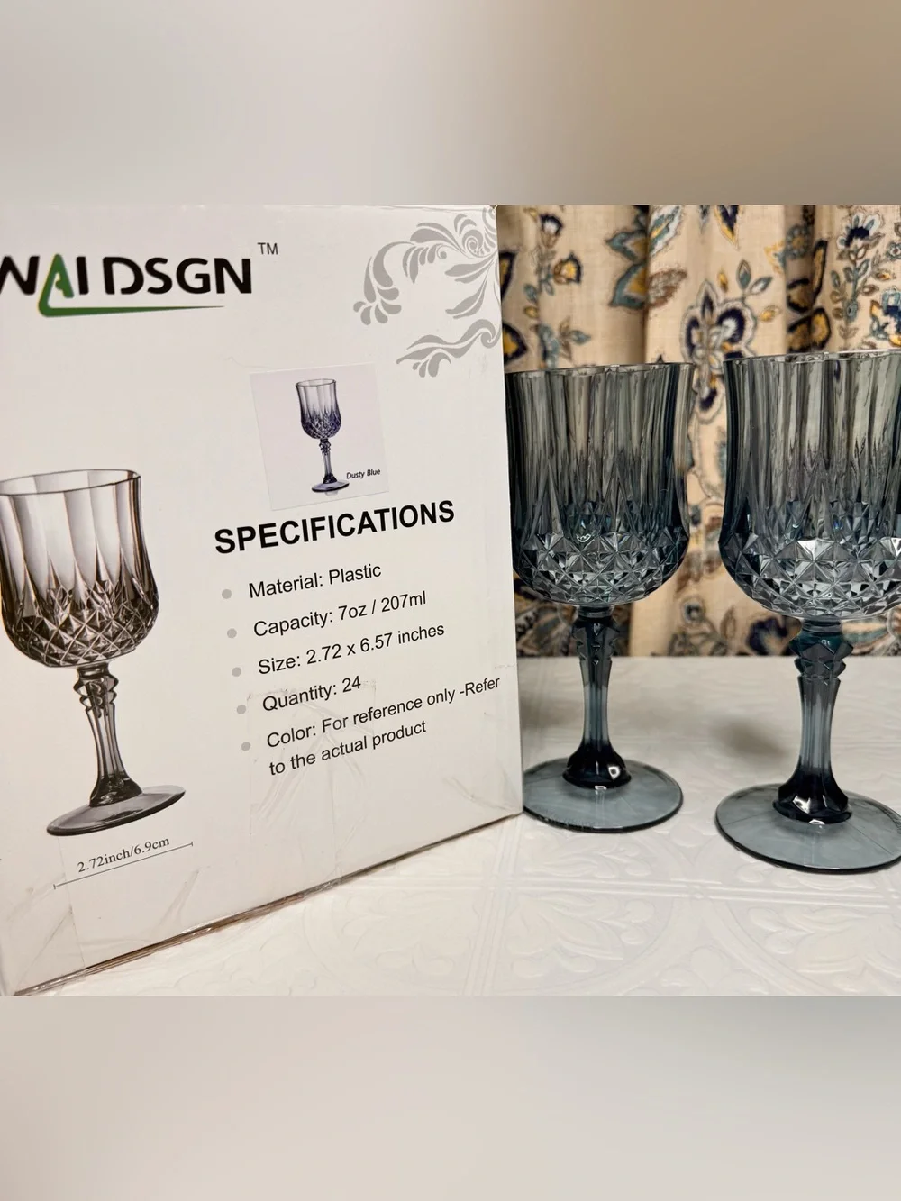 NIB Set of 24 Blue 7 oz Vintage-Style Crystal Wine Glasses BPA Free Plastic